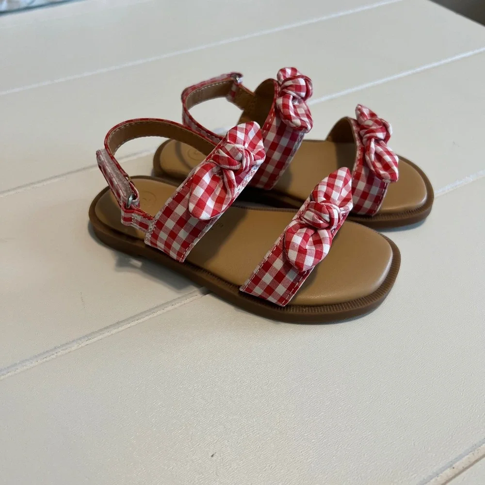 Cat & Jack Toddler Girls Red Gingham Bow Sandals Size 6 Hook Loop Strap